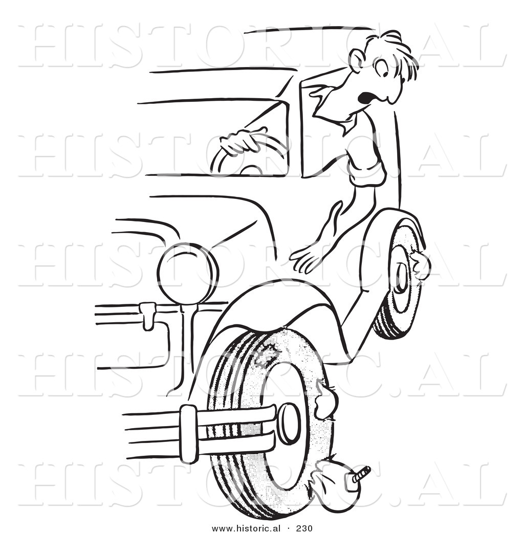Historical Illustration of a Mad Cartoon Man Looking out of His Car Window  at Blown out Flat Tires - Outlined Version by Picsburg - #230
