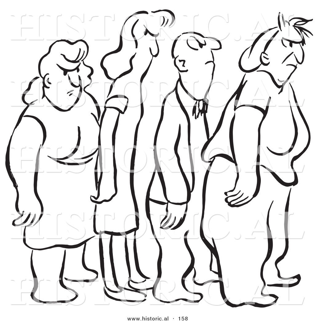 Historical Illustration of an Angry Group of Cartoon Styled Men and Women  Standing in a Line - Outlined Version by Picsburg - #158