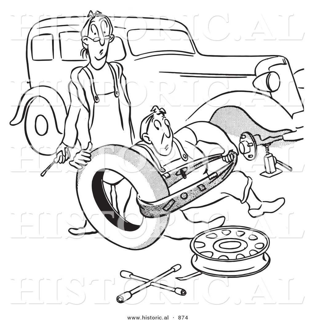 Historical Vector Illustration of a Cartoon Husband and Wife Struggling  with Flat Car Tire Repair - Black and White Outlined Version by Picsburg -  #874