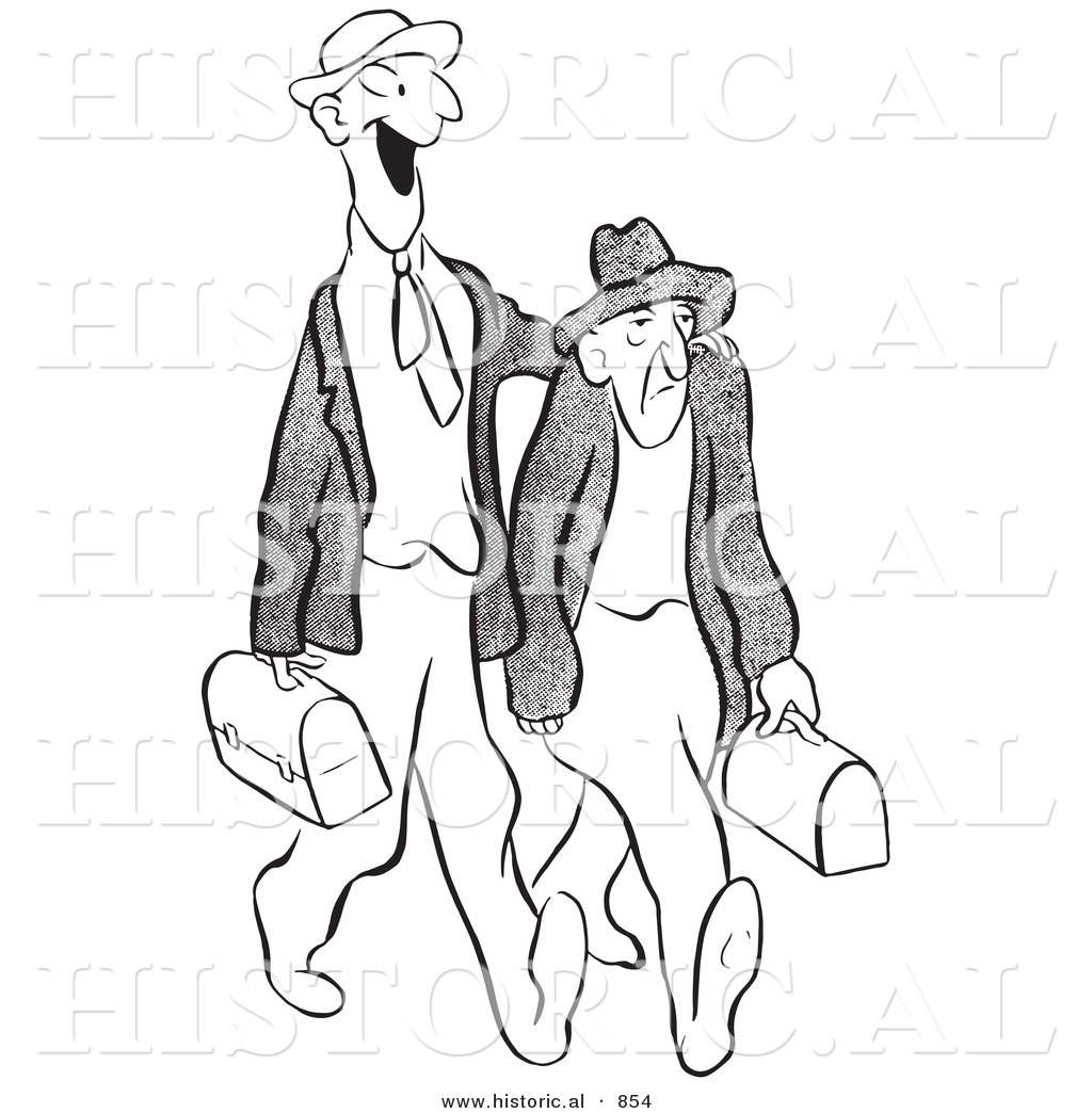 Historical Vector Illustration of a Cartoon Male Worker Trying to Cheer up  a Grumpy Old Man - Black and White Outlined Version by Picsburg - #854