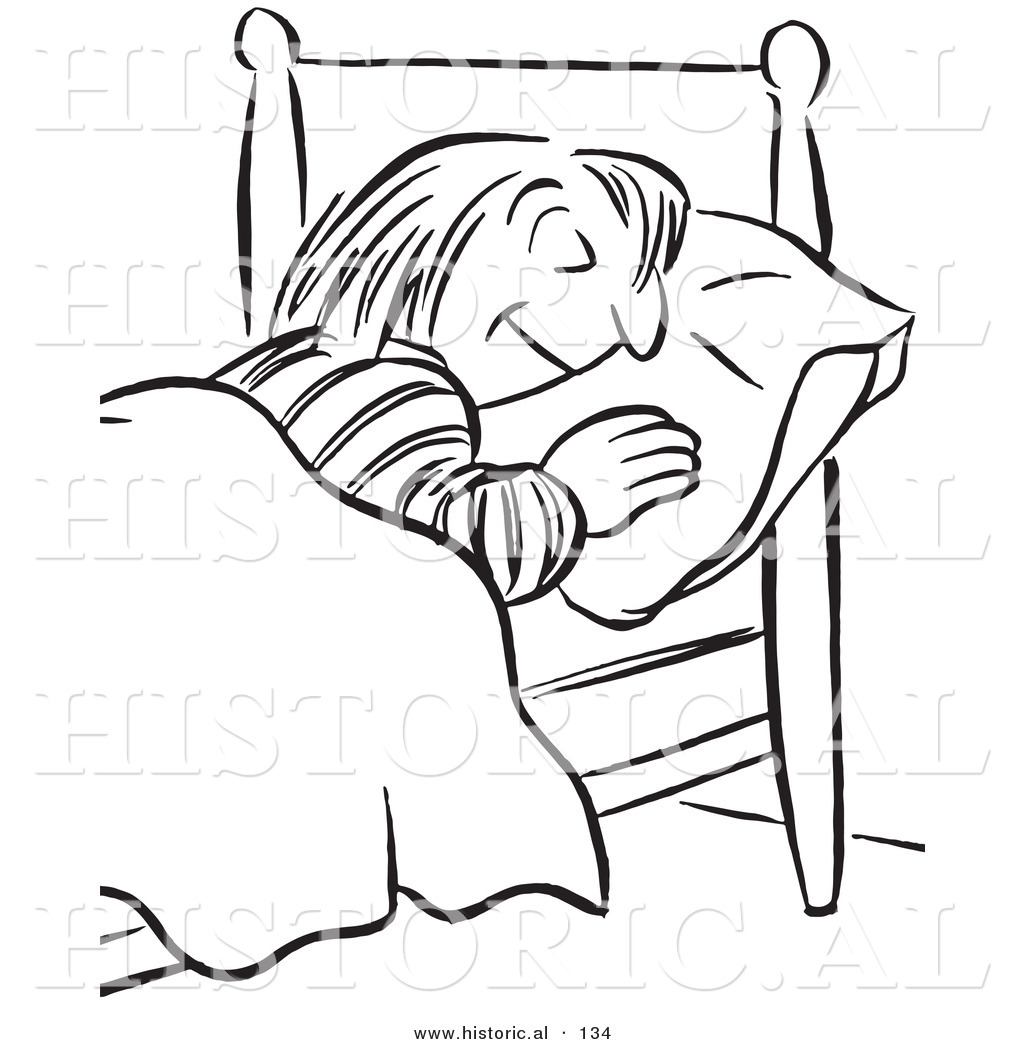 ... Cartoon Styled Girl Sleeping in a Bed - Black and White Outlined