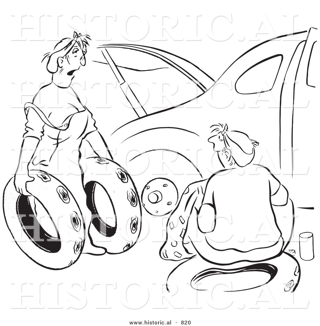 Historical Vector Illustration of a Cartoon Wife Trying to Help Her Husband  Fix a Car with Flat Tires - Black and White Outlined Version by Picsburg -  #820