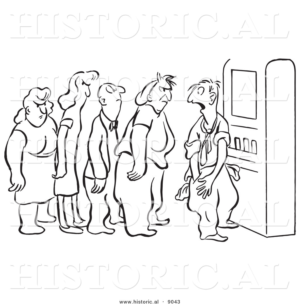 Historical Vector Illustration of an Embarrassed Cartoon Man Asking Angry  Angry People Waiting in Line at a Vending Machine - Black and White  Outlined Version by Picsburg - #9043