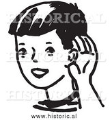 Clipart of a Boy Cupping His Ear While Trying to Hear Something Far Away - Black and White Drawing by Al