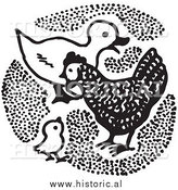 Clipart of a Duck with Chickens - Black and White by Al