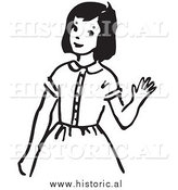 Clipart of a Girl Waving Hello with Smile - Black and White Drawing by Al