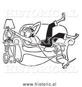 Clipart of a Happy Teenage Girl Talking on a Telephone While Sitting on a Couch Beside Her Dog - Black and White Drawing by Al