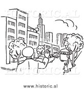 Clipart of a Police Man Waving at City with Cars and People - Black and White Line Art by Al