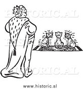 January 11th, 2014: Clipart of a Smiling King Looking at Three Cats Sitting on a Rug - Black and White Drawing by Al