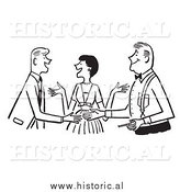 Clipart of a Smiling Lady Introducing Two Guys - Black and White Drawing by Al