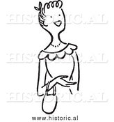 Clipart of a Smiling Young Lady Carrying a Purse on Her Wrist - Black and White Drawing by Al