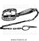 Clipart of a Steel Animal Clamp Trap with Chain - Black and White Drawing by Al