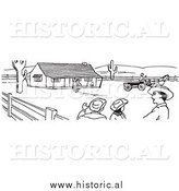 January 12nd, 2014: Clipart of Cowboys Talking on a Farm - Black and White Line Drawing by Al