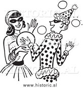 Clipart of Happy Girls Dancing at a Halloween Costume Party - Black and White Drawing by Al