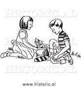 Clipart of Happy Kids Feeding a Hungry Raccoon - Black and White Drawing by Al