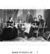 Historical Black and White Illustration of Willie, Robert, Tad, Mr. and Mrs. Abraham Lincoln Seated Around a Table in 1861 by Al