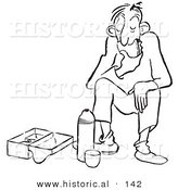 Historical Cartoon Illustration of a Tired Man Eating Lunch - Outlined Version by Al