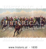 Historical Illustration of 19 Competitive Jockeys Racing Forward by Al
