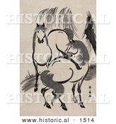 Historical Illustration of 2 Horses Beside a Willow Tree by Al