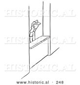 Historical Illustration of a Cartoon Woman Standing and Waiting at a Customer Service Counter - Outlined Version by Al