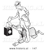 Historical Illustration of a Cartoon Worker Diving Under Another to Clock in First at Work - Outlined Version by Al