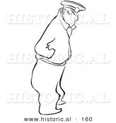 Historical Illustration of a Grumpy Cartoon Security Guard Looking Towards the Ground - Outlined Version by Al