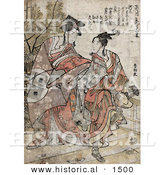 Historical Illustration of a Japanese Couple Celebrating the New Year by Al