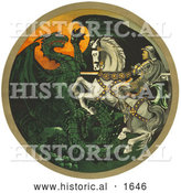 Historical Illustration of a Knight on a White Horse, Battling a Green Dragon by Al
