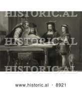 Historical Illustration of a Little Boy and a Dog Standing by a Table Where Christopher Columbus and Three Other Men Listen As Columbus Proposes His Theory of a New World with Maps by Al