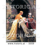 Historical Illustration of a Long Haired Maiden Wishing Luck to a Knight on a Horse, God Speed by Edmund Blair Leighton by Al