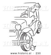 Historical Illustration of a Mad Cartoon Man Looking out of His Car Window at Blown out Flat Tires - Outlined Version by Al