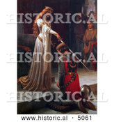 Historical Illustration of a Maiden Holding a Sword over a Man During a Knighting Ceremony, the Accolade by Edmund Blair Leighton by Al