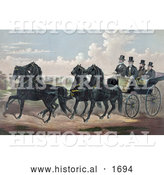 Historical Illustration of a Man and His Three Sons in a Carriage Being Pulled by Four Beautiful Black Horses by Al