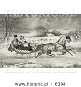 Historical Illustration of a Man and Lady Riding in a Horse Drawn Sleigh on a Wintry Road by Al