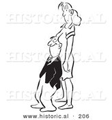 Historical Illustration of a Perverted Cartoon Businessman Leaning His Head Between a Woman's Breasts - Outlined Version by Al