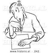 Historical Illustration of a Thinking Cartoon Man Sitting at His Desk with Blank Letter and Pen - Outlined Version by Al