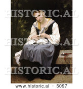 Historical Illustration of a Woman Sewing While Sitting on a Bench, Young Worker by William-Adolphe Bouguereau by Al