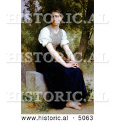Historical Illustration of a Young Woman Sitting on a Stone Slab, the Song of the Nightingale by William-Adolphe Bouguereau by Al