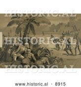 Historical Illustration of Christopher Columbus and His Crew Men Hiding Behind Bushes Under a Palm Tree and Watching Indigenous Native Men Playing What Appears to Be Baseball upon the First Landing in the New World at San Salvador by Al