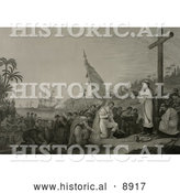 Historical Illustration of Christopher Columbus and His Crew Men Kneeling in Front of a Priest During a Religious Service at a Large Cross During the First Landing in the New World by Al