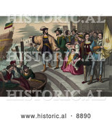 Historical Illustration of Christopher Columbus Pointing and Preparing to Get into a Rowboat to Board onto His Ship As People Watch During the Departure of Columbus by Al