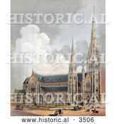 Historical Illustration of Horses, Carriages and People near the Cathedral of the Holy Cross, Boston, Massachusetts by Al