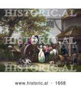 Historical Illustration of Horses, Pigs, and a Dog with People and a Cart in Front of a Tavern by Al