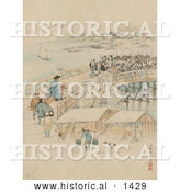 Historical Illustration of Japanese Men Confronting Samurai Warriors on a Bridge by Al