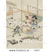 Historical Illustration of Japanese Samurai Men Wrecking the Interior of a House During a Sword Fight by Al