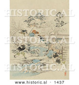 Historical Illustration of Japanese Samurai Warriors Attacking a Community by Al