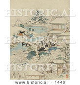 Historical Illustration of Japanese Samurai Warriors Attacking People in a Village by Al