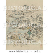 Historical Illustration of Japanese Samurai Warriors Inspecting a Village for Escapees During a Winter Attack by Al