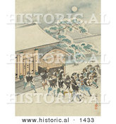 Historical Illustration of Japanese Samurai Warriors Walking Towards a Building on a Winter Night by Al