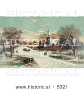 Historical Illustration of People Gathering at a Small Village Church on a Snowy Christmas Eve by Al